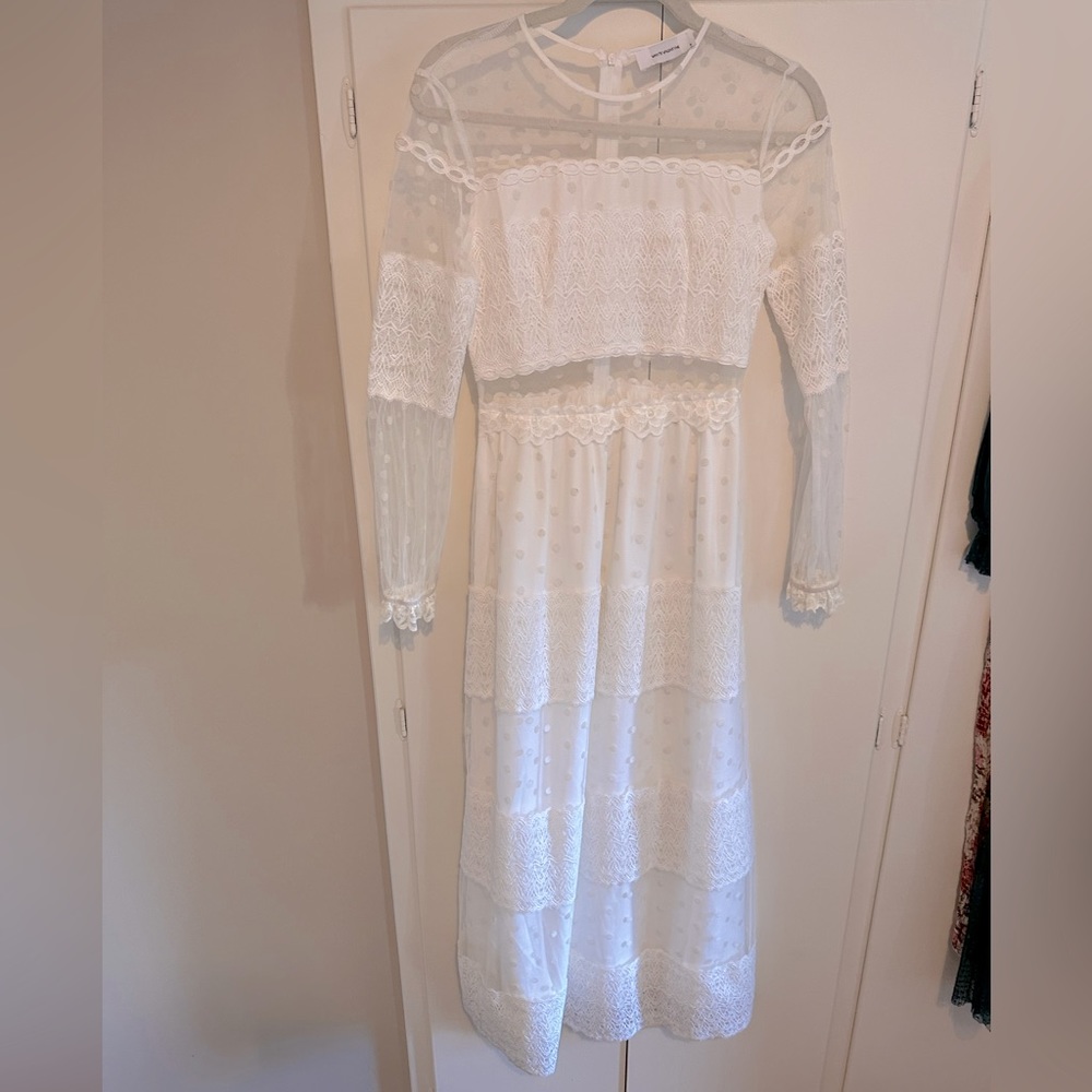 White see through midi long sleeve polka-dot dress.